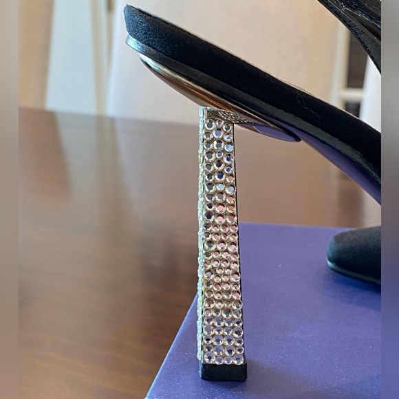 Stuart Weitzman Black Satin Slingbacks with Crystal Rhinestone Studded Heels - Picture 3 of 15